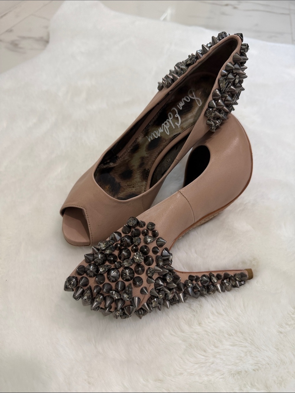 Sam Edelman Blush Nude Studded Peep-Toe Heels